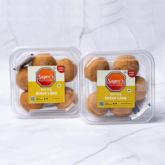 Sapre's Pure Ghee Besan Ladu | Freshly Crafted Besan Laddus with Pure Desi Ghee | Authentic Indian Sweets/Mithai Taste | No Added Preservatives/Colors | Pack of 2-200gm Each
