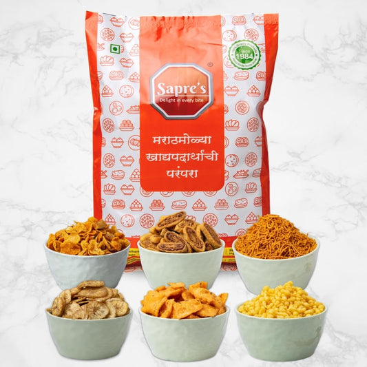 Sapre's Munch Master (6 in 1) | Sweet & Spicy Dry Snacks | Tasty & Crunchy | Best for Gathering & Travelling | Miri Wafers, Masala Shankarpale, Lasun Shev, Bakarvadi, Khari Bundi & Maka chivada | Timepass Snacks