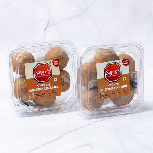 Sapre's Pure Ghee Multigrain Ladu | Laddus/Ladoo | Rich in Vitamins and Minerals | Energy Boosting | Supports Heart Health | Authentic Indian Sweets | No Added Preservatives/Colors | Pack of 2 - 200gm Each