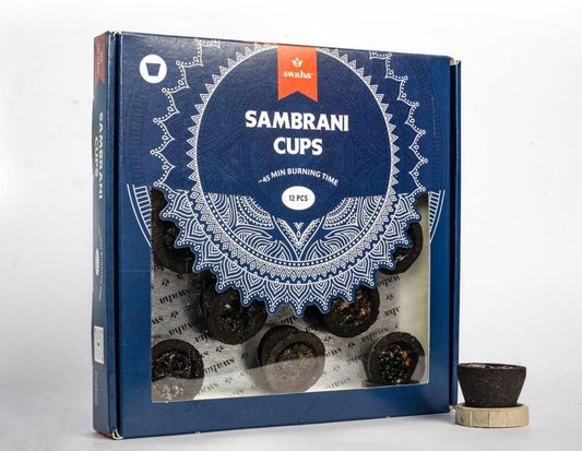 Swaha Cylindrical Sambhrani Cups (12 Pieces) with Stand, Long Lasting Sambhrani loban, Made of eco Friendly Ingredients (Pack of 1)