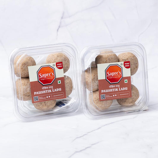 Sapre's Pure Ghee Paushtik Ladu | 100% Veg | Pure Desi Ghee Laddus/Ladoo | Energy Boosting | Rich in Vitamins, Minerals, Calcium & Iron | Sweets/Mithai | No Added Preservatives/Colors | Pack of 2 - 200gm