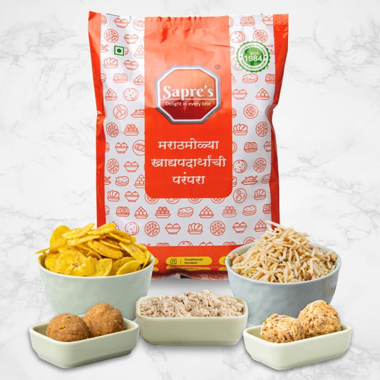 Sapre's Fasting Delights (5 in 1) | Healthy Dry Snack | Tasty & Crunchy | Specially During Navratri Fasting | For Fasting/Upwas | Pure Ghee Dink & Kut Ladu, Pharali Chivada, Kela Wafers & Upwas Thalipeeth Bhajani
