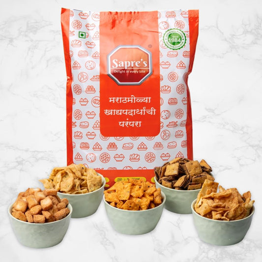 Sapre's Shankarpale Mix Snack (5-in-1) | Sweet & Spicy Dry Snack | Tasty & Crunchy | Diwali Gift Box for Family, Friends & Corporates | Best for Gathering & Travelling | 5 types of Shankarpale (Sweet, Salty, Methi, Masala & Sandwich) | Diwali Snacks