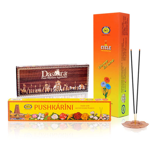 Cycle Pure Agarbatti Combo Pack of Three in One Agarbatti, Dasara Incense Sticks and Pushkarini Dhoop Bathi for a Divine & Special Puja Experience - Pack of 3