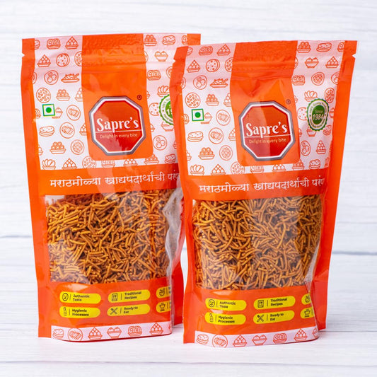 Sapre's Lasun Shev | Barik Sev | Besan Shev | Garlic Shev | Spicy Sev | Crispy and Crunchy | Namkeen | Lightly Spiced & Flavorful | No Added Preservatives/Colours | Pack of 2-180gm Each