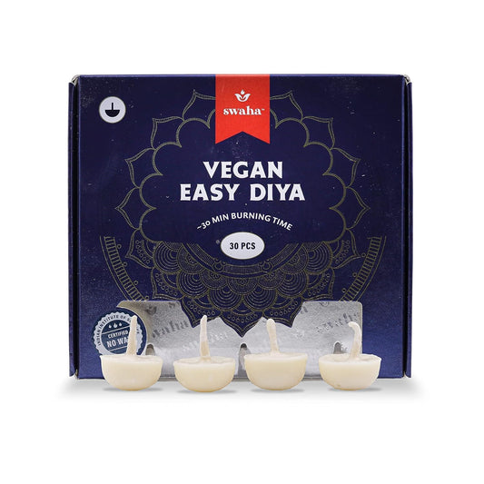 Swaha Premium Vanaspati Ghee Diya Wicks (30 Pieces), 30min Burning Time, Wax Free Vegan Diya batti for Puja - Pack of 1,scented