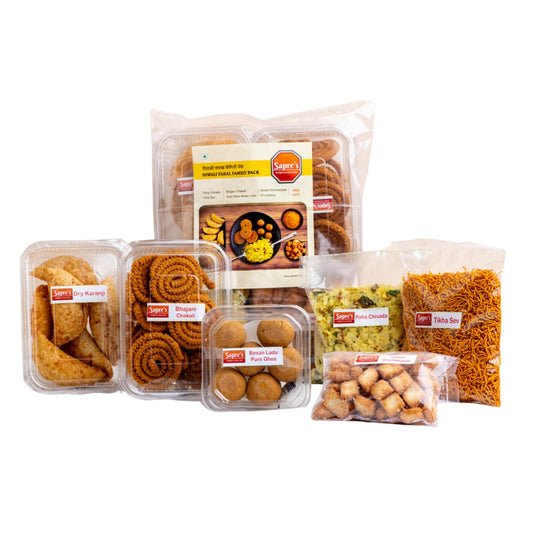 Sapre's Diwali Faral Family Pack (6-in-1) | Sweet & Spicy Mix Snacks | Diwali Snacks Gift Hamper | For Diwali Gifting & Gathering | Deepawali Gift | Diwali Hamper for Gifting | Diwali Gift Hampers | Pure Ghee Besan Laddu, Dry Coconut Karanji, Crispy Bhaja