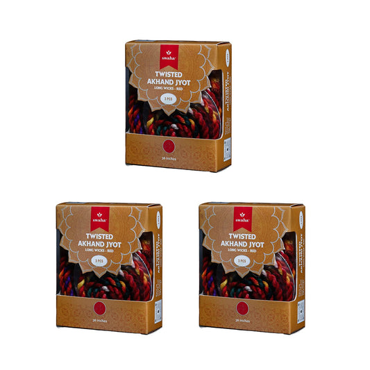 Swaha Twisted Akhand Jyot Cotton Long Wick (3 Pieces), Red Colour, Long Lasting (36Inches, 9-15days Burning Time) Pure Cotton Wicks for Daily Pooja and Meditation - Pack of 3