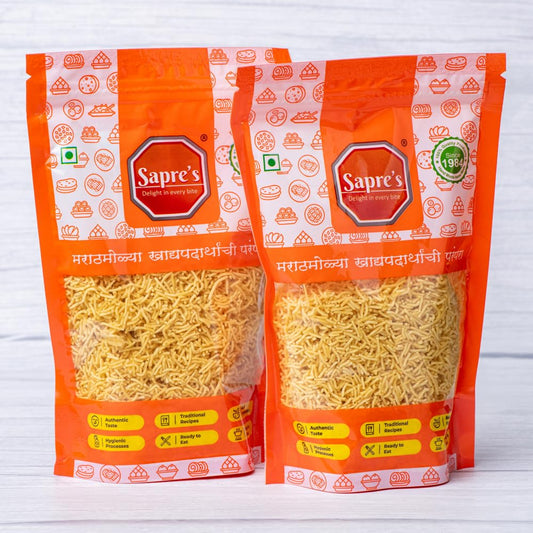 Sapre's Yellow Shev | Barik Sev | Besan Shev | Crispy and Crunchy | Namkeen | Non-Spicy & Flavorful | No Added Preservatives/Colours | Pack of 2-180gm Each