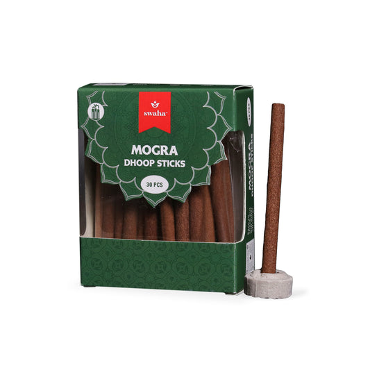 Swaha Mogra Cylindrical Dhoop Stick (Set of 30), Long Lasting Jasmine Fragrance Incense Sticks, Bamboo Less Eco Friendly Agarbatti Sticks - Pack of 1