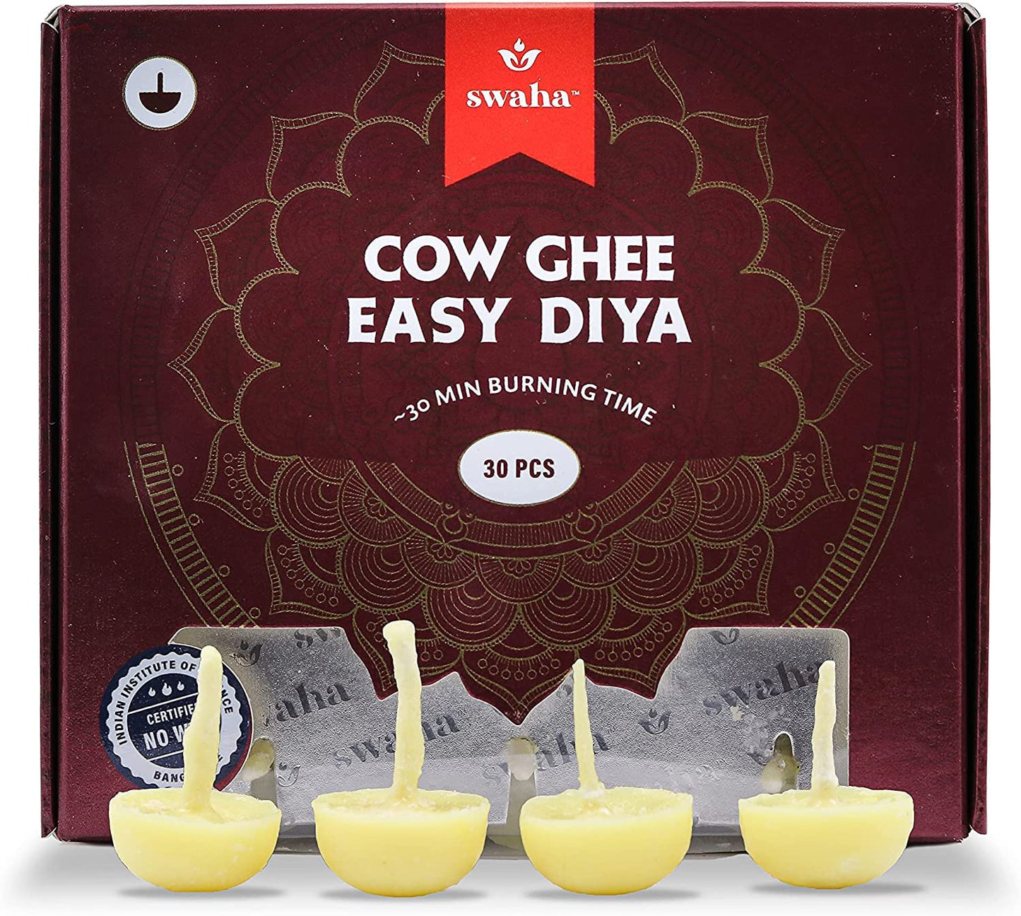 Swaha Premium Swaha Cow Ghee Diya Batti (30 Pieces), 30min Burning Time, Wax Free Cow ghee Diya batti - Pack of 1