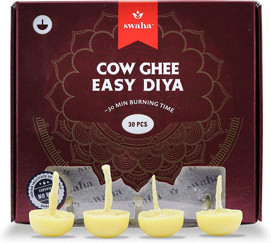 Swaha Premium Swaha Cow Ghee Diya Batti (30 Pieces), 30min Burning Time, Wax Free Cow ghee Diya batti - Pack of 1