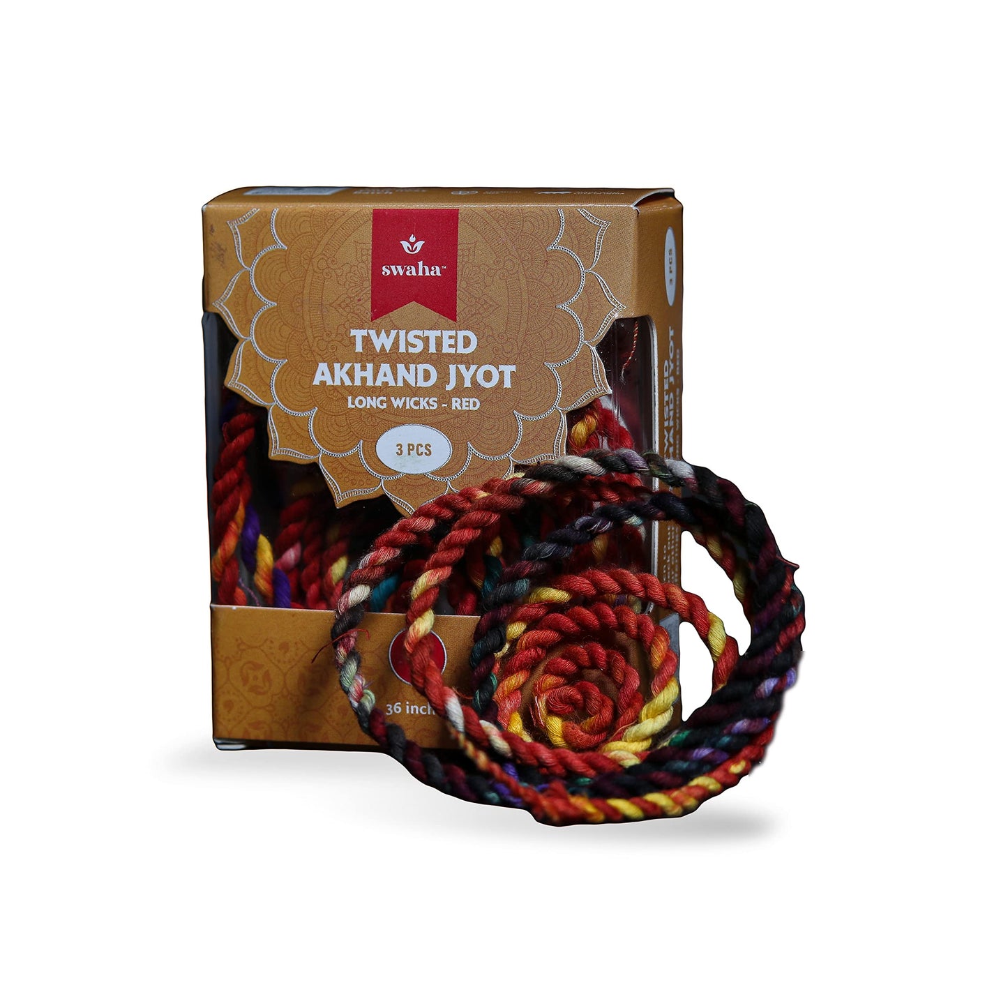 Swaha Twisted Akhand Jyot Cotton Long Wick (3 Pieces), Red Colour, Long Lasting (36Inches, 9-15days Burning Time) Pure Cotton Wicks for Daily Pooja and Meditation - Pack of 3