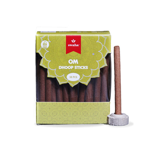 Swaha Om Cylindrical Dhoop Stick (Set of 30), Long Lasting Sandalwood & Floral Fragrance Incense Sticks, Bamboo Less Eco Friendly Agarbatti Sticks - Pack of 1