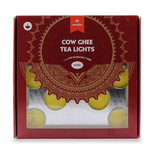 Swaha Tea Lights (12 Pieces) | 1.5Hr Burning Time,Jasmine | Wax Free Cow Ghee Tea Lights For Decoration - Pack Of 1