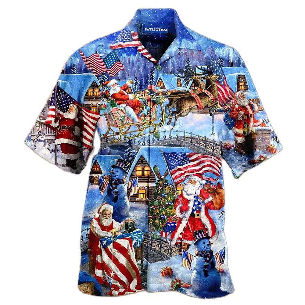 Fashion Men‘s Short Sleeve Hawaiian Shirt Tops Christmas Santa 3D Print Blouse Plus Size Summer Casual Beach Shirts For Men 5XL