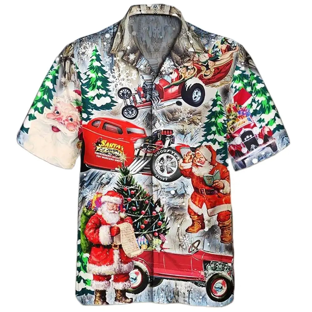 Fashion Men‘s Short Sleeve Hawaiian Shirt Tops Christmas Santa 3D Print Blouse Plus Size Summer Casual Beach Shirts For Men 5XL