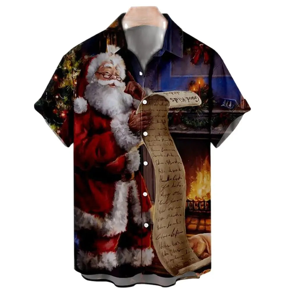 Fashion Men‘s Short Sleeve Hawaiian Shirt Tops Christmas Santa 3D Print Blouse Plus Size Summer Casual Beach Shirts For Men 5XL