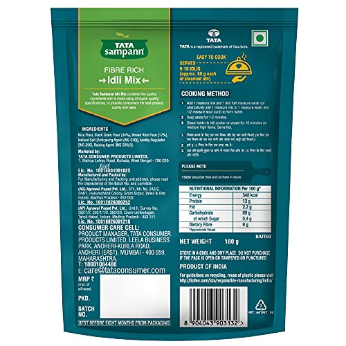 Tata Sampann Fibre Rich Idli Mix, Instant Ready to Cook Mix,180g