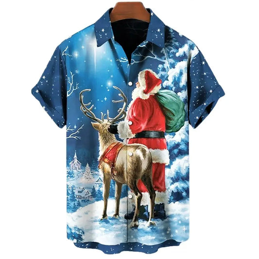 Fashion Men‘s Short Sleeve Hawaiian Shirt Tops Christmas Santa 3D Print Blouse Plus Size Summer Casual Beach Shirts For Men 5XL